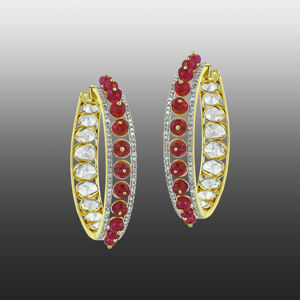 Polki Hoop Earrings with Red Beads and Diamond Border